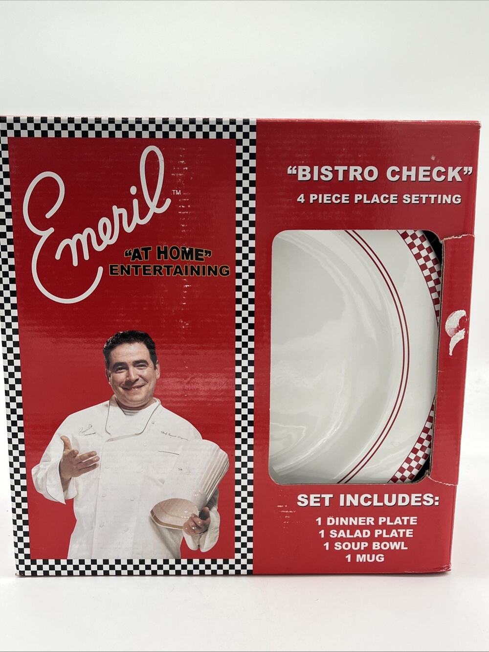 Emeril Bistro Red White Checked 4‑Piece Dinnerware Set – Service for 1, NEW